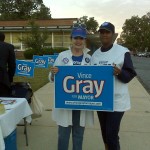 Gray volunteers Terri Copeland and Judith Terra at Sharpe Health School at 6:50 am.