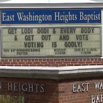 Sign outside East Washington Heights Baptist Church (which is NOT a polling place) at Alabama and Branch Avenues, SE at 1:02 PM