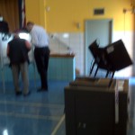 Inside the polling station at Garrison Elementary School at 12th and S St, NW. There were problems with the touchscreen voting machine and the label printer for the special ballots.